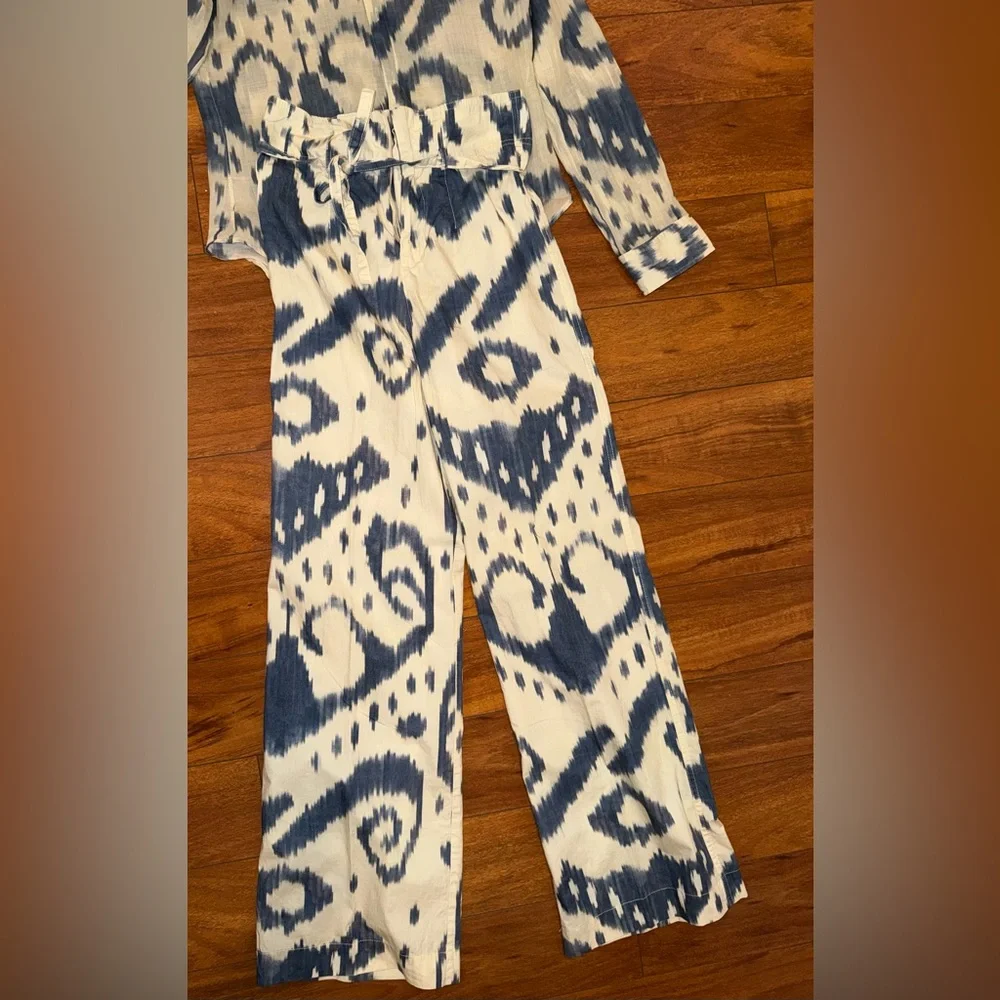 ZARA Printed Ramie Shirt & Pants Set LIMITED EDITION Blue Cream Size S/XS